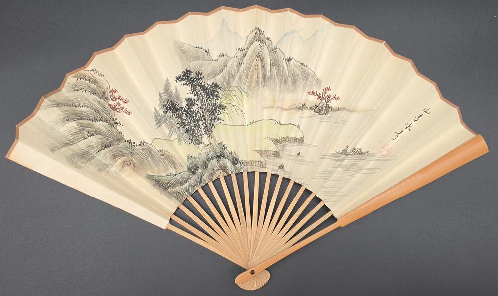 Vintage Chinese Hand Painted Landscape Folding Fan Calligraphy Poem Bamboo Frame